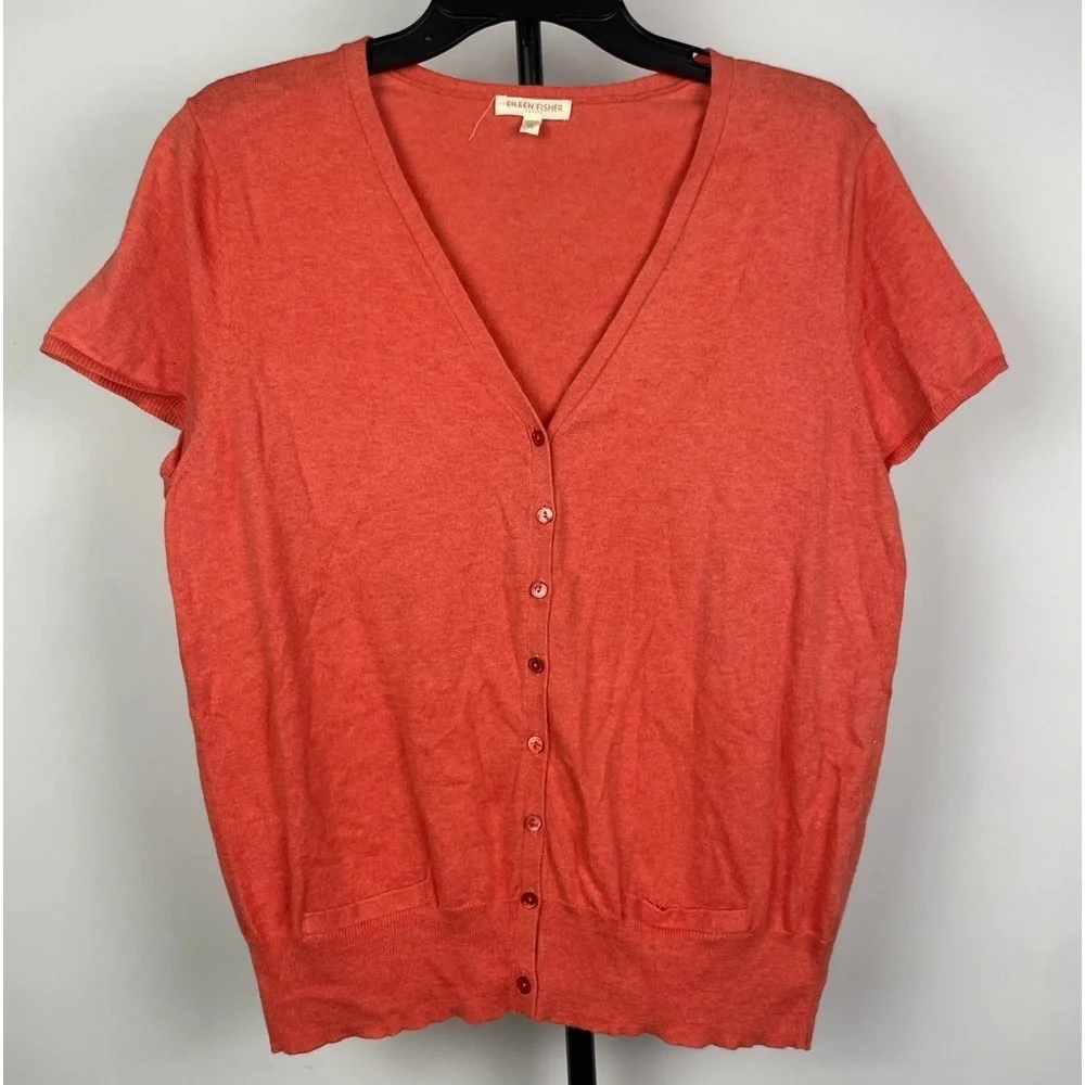 Eileen Fisher Coral Cotton Cashmere Shortβ Sleeve V-Neck Knit Cardigan Sweater - Picture 1 of 7